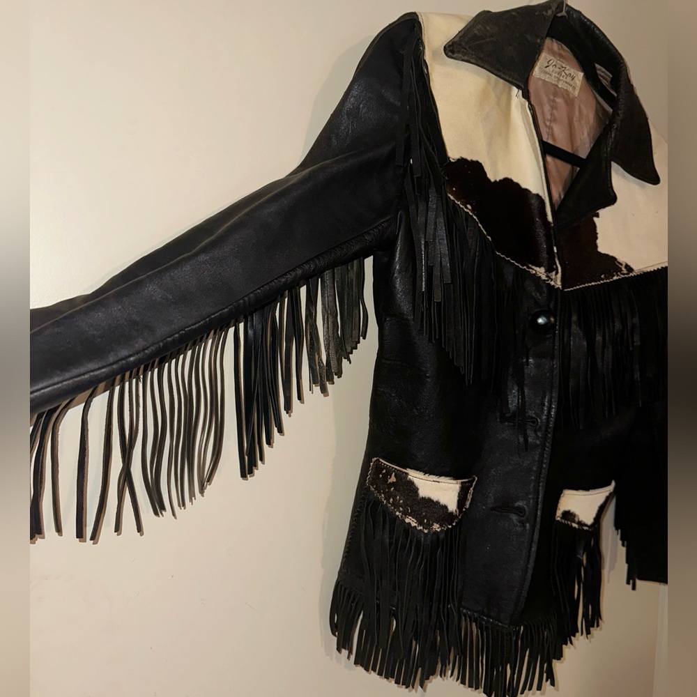 rare vintage 1970s western cowboy jacket!! real leather suede & cowhide w fringe